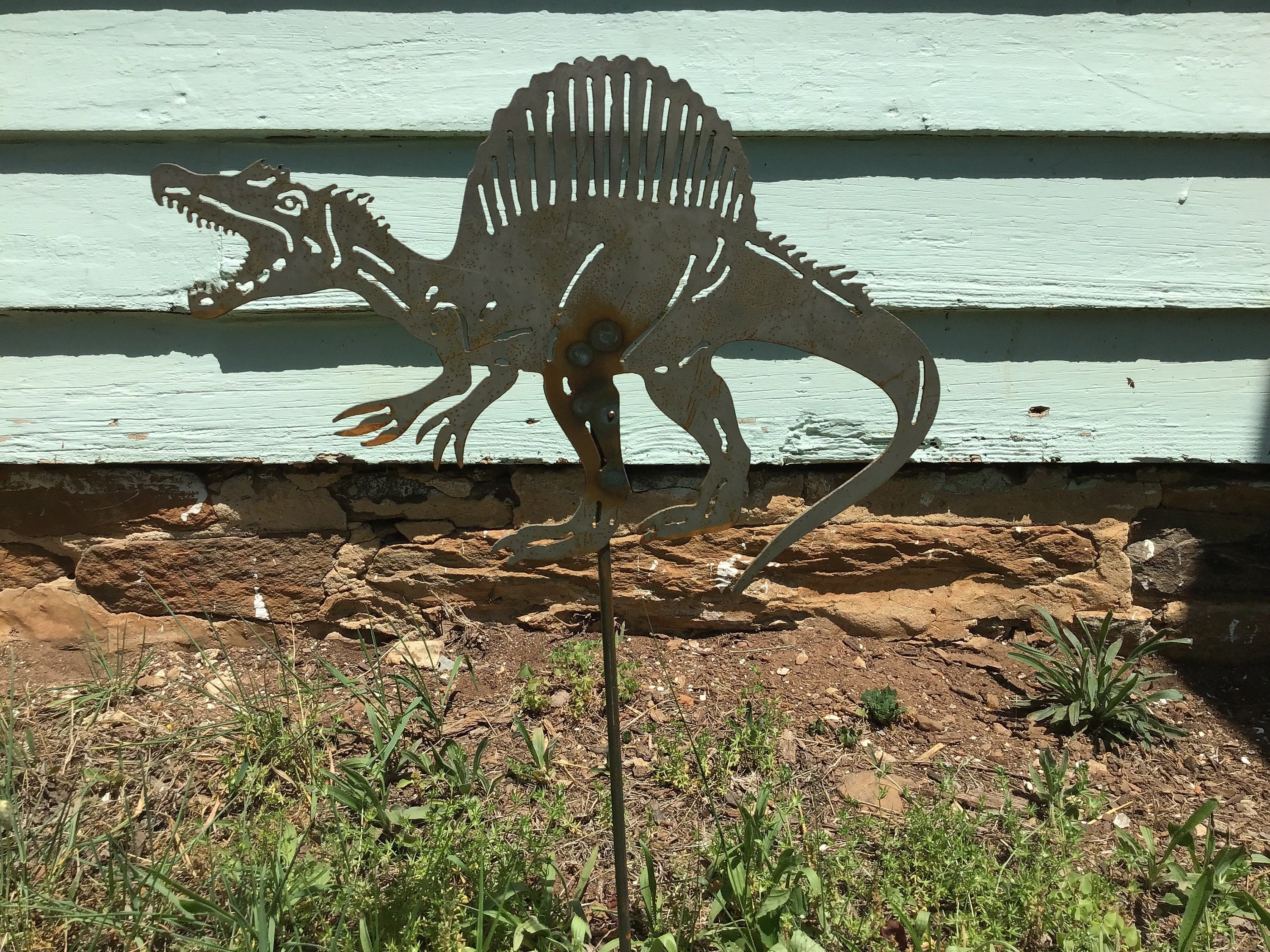 Dinosaur Garden Art Spinosaurus Garden Stake Metal Art Outdoor Metal Art Dinosaurs
