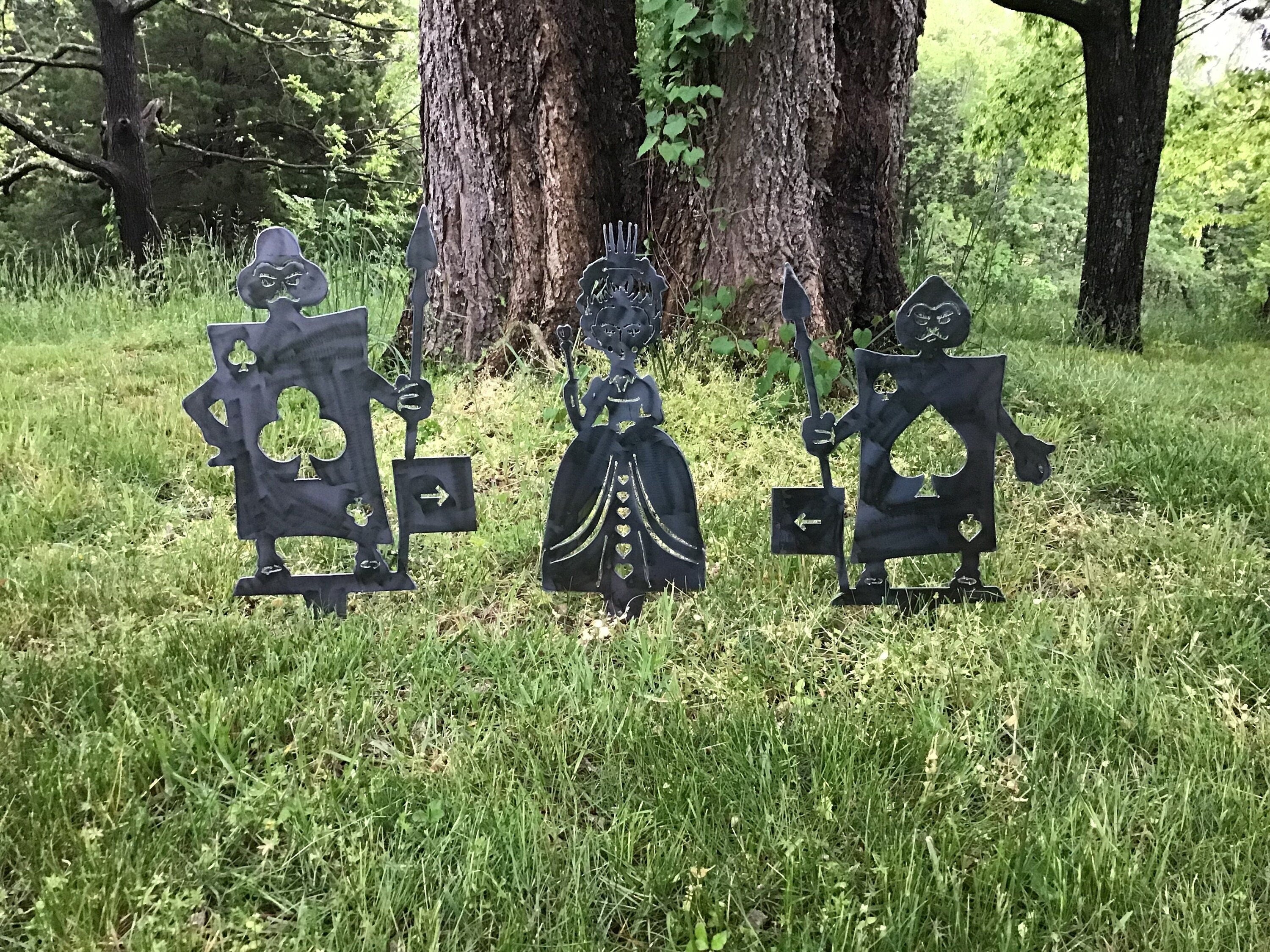 Queen of Hearts & Two Card Guards Set of Three Alice in Wonderland Garden Stakes Yard Art Metal Art