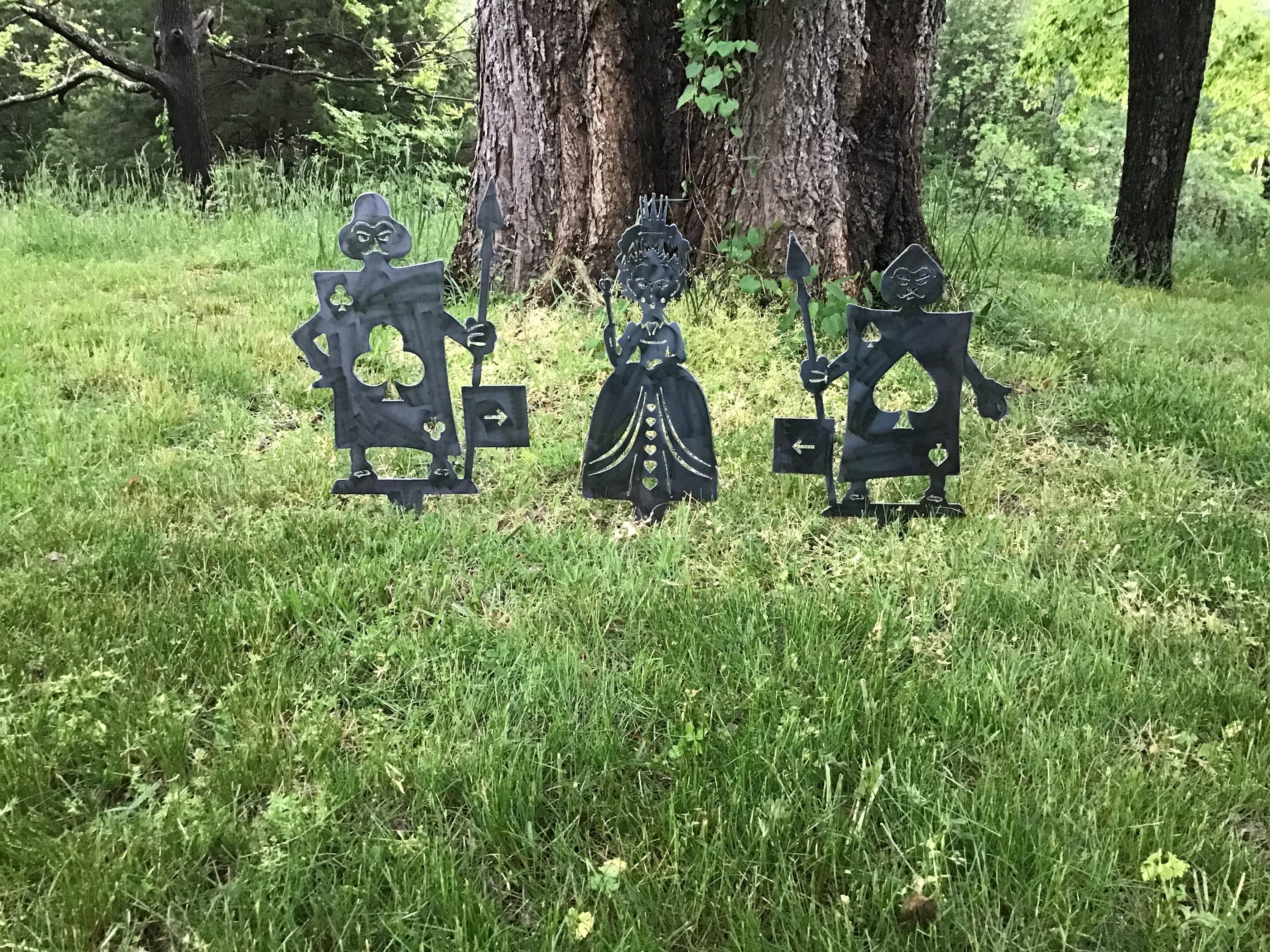 Queen of Hearts & Two Card Guards Set of Three Alice in Wonderland Garden Stakes Yard Art Metal Art