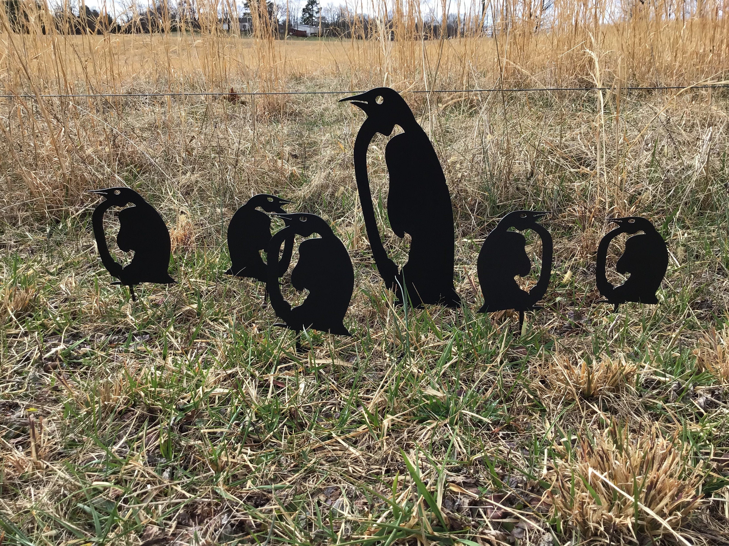 Penguin Garden Stakes Set of Six Yard Art Penguin Metal Art Garden Accents Penguin Family Yard Stakes