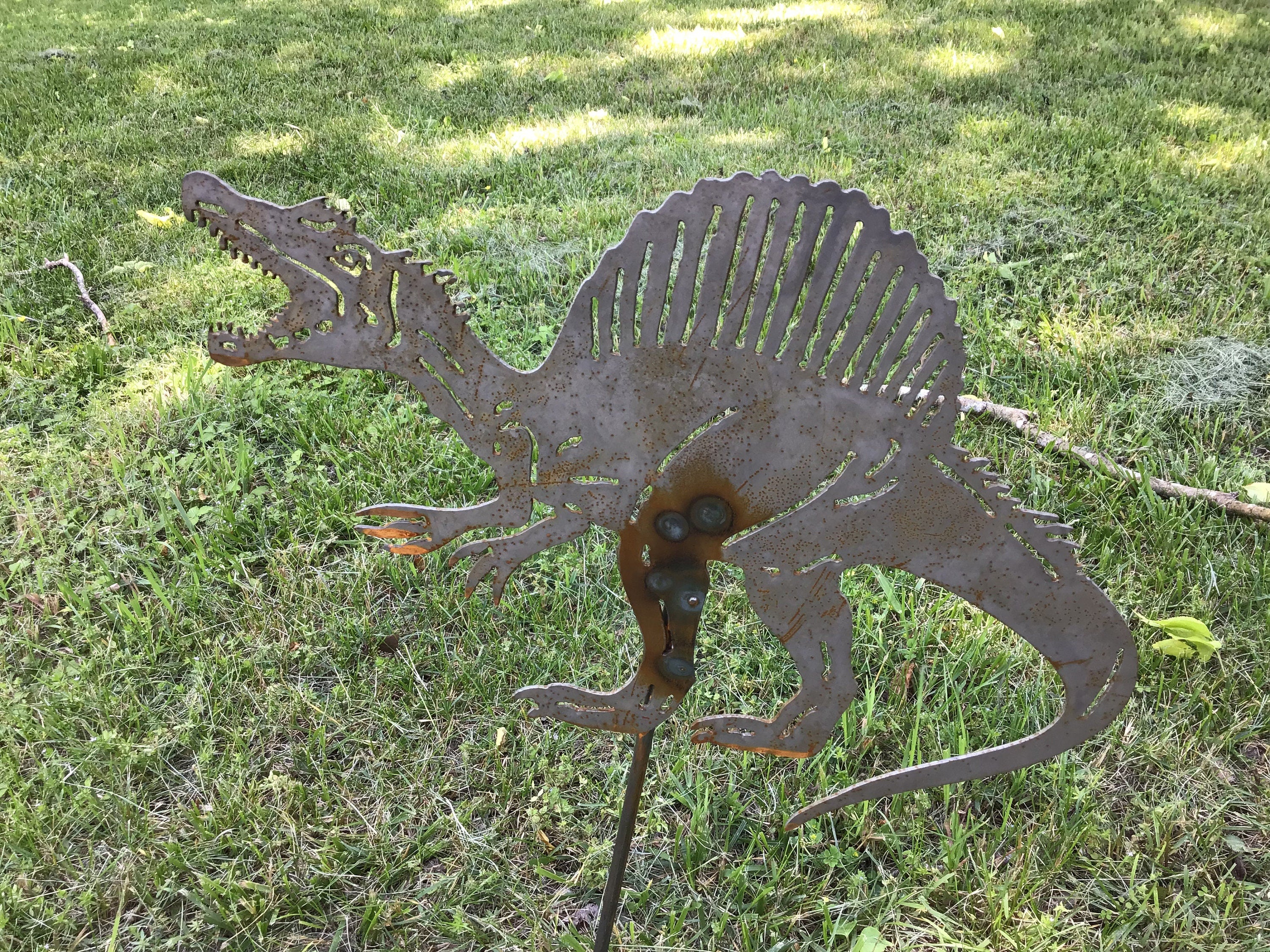 Dinosaur Garden Art Spinosaurus Garden Stake Metal Art Outdoor Metal Art Dinosaurs