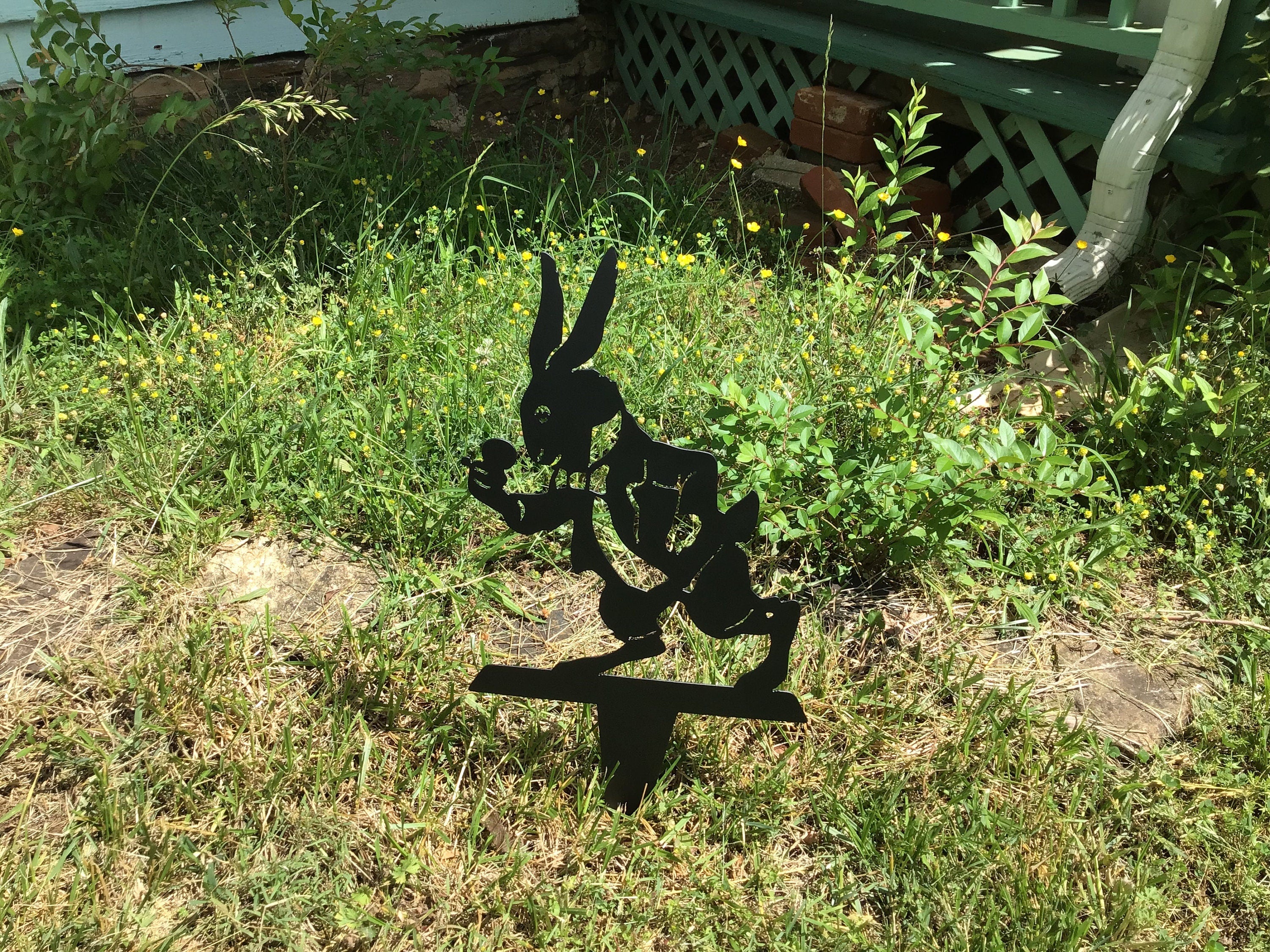 Rabbit Garden Stake Alice in Wonderland White Rabbit Yard Art Metal Art Home Accents