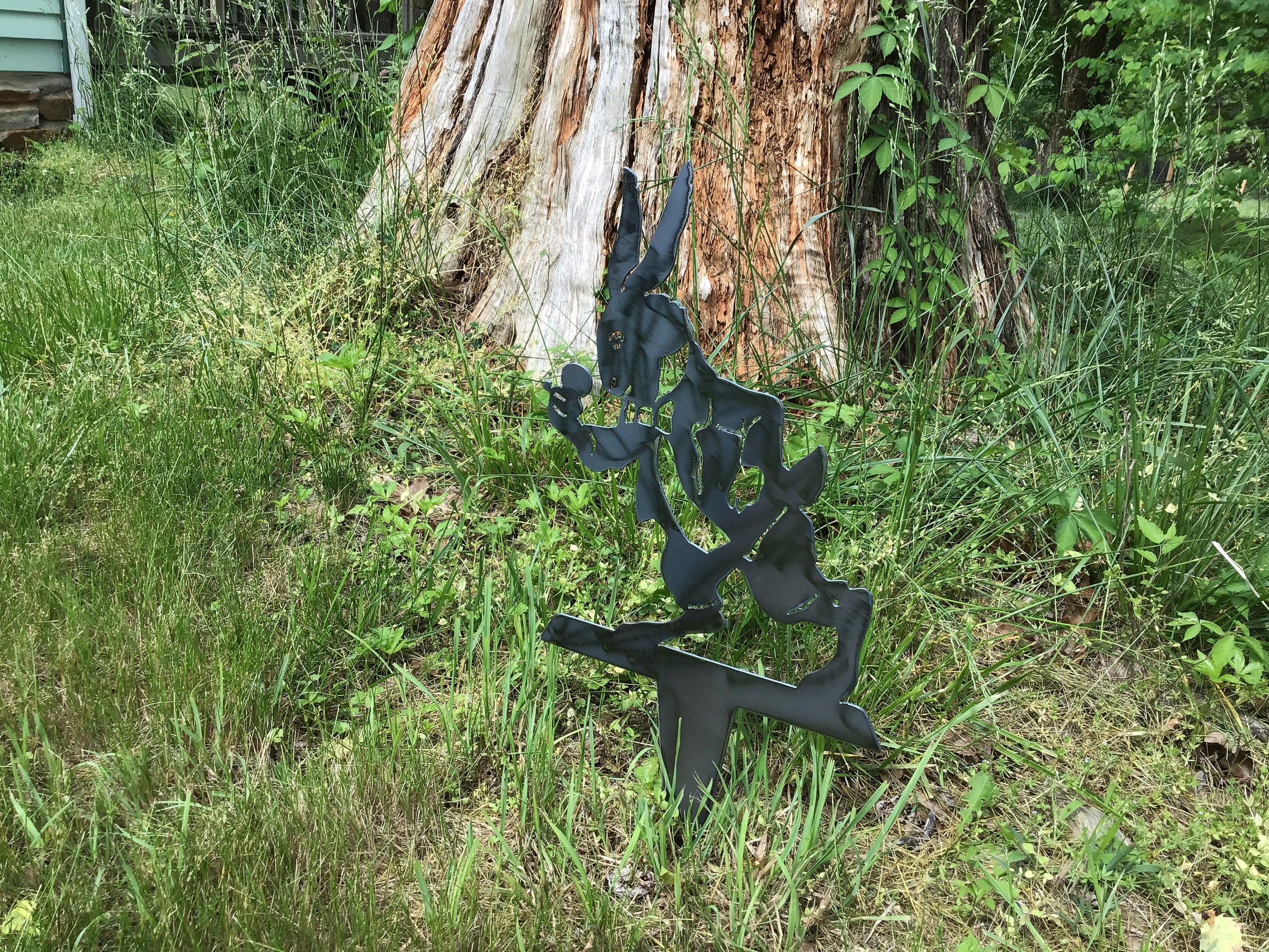 Rabbit Garden Stake Alice in Wonderland White Rabbit Yard Art Metal Art Home Accents