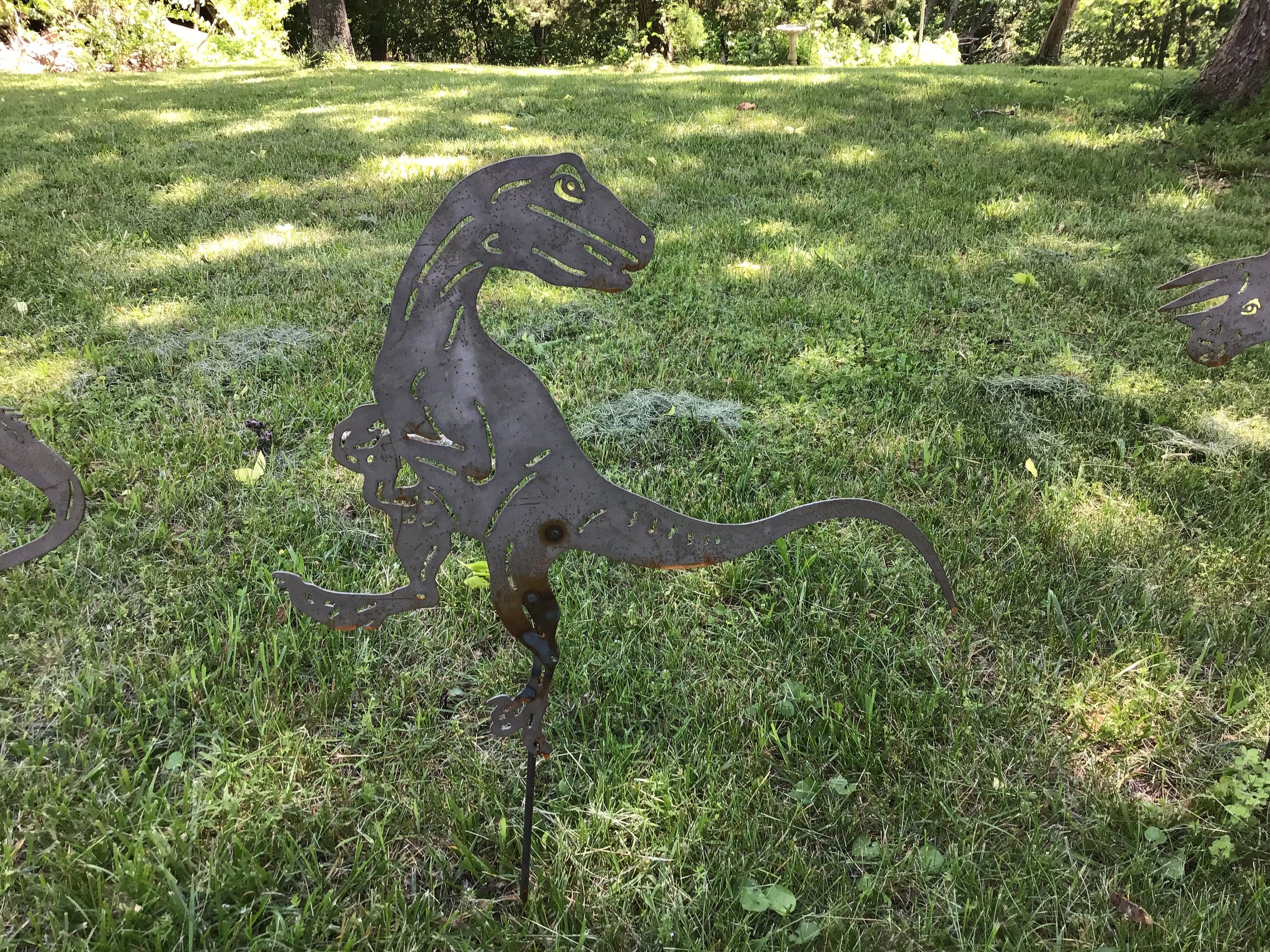 Dinosaur Yard Art Velociraptor Garden Stake Garden Accessories Metal Art Outdoor Metal Art