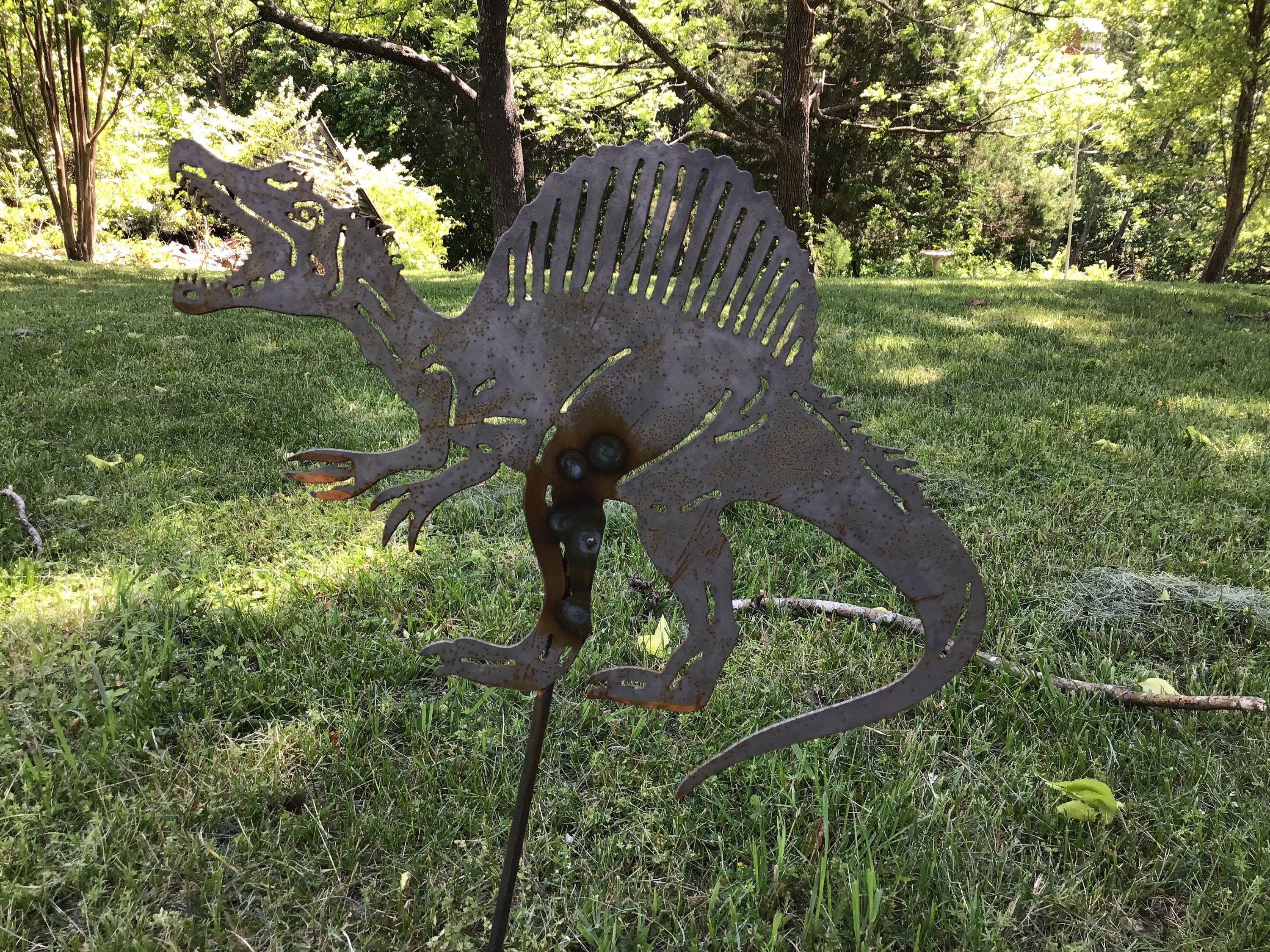 Dinosaur Garden Art Spinosaurus Garden Stake Metal Art Outdoor Metal Art Dinosaurs