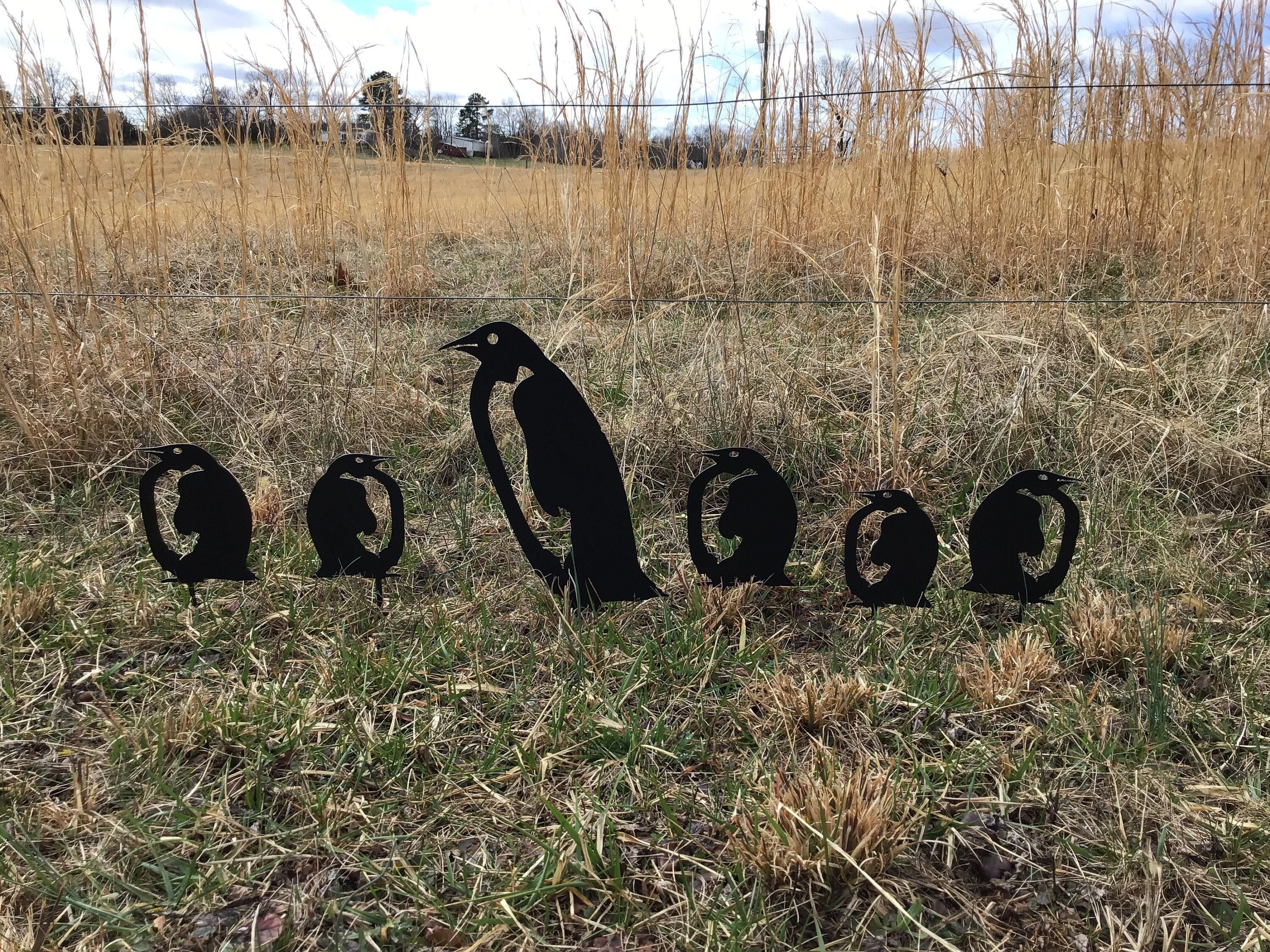 Penguin Garden Stakes Set of Six Yard Art Penguin Metal Art Garden Accents Penguin Family Yard Stakes